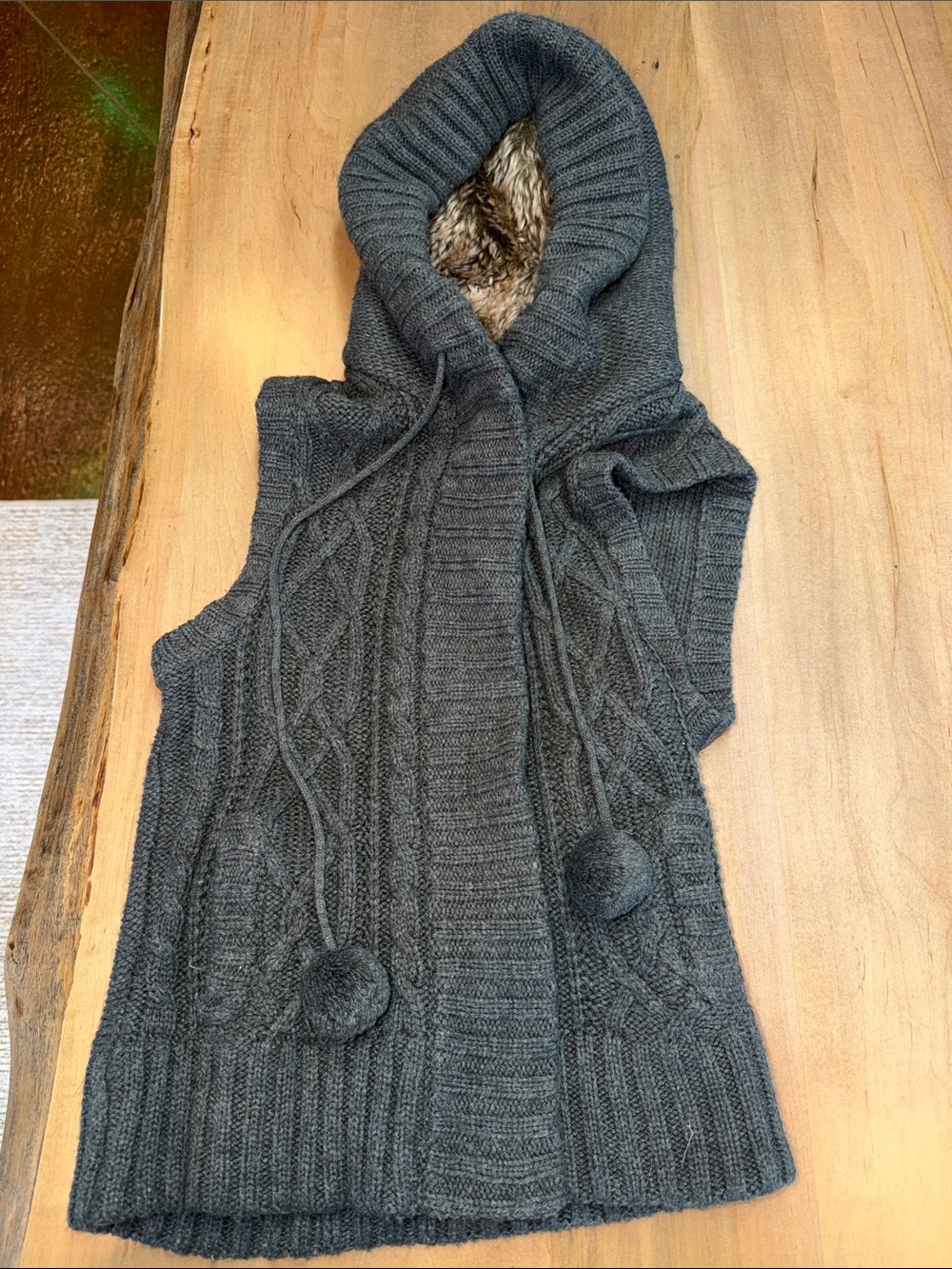Love By Design Dark Gray Hooded Cable-Knit Vest with Faux Fur Lining